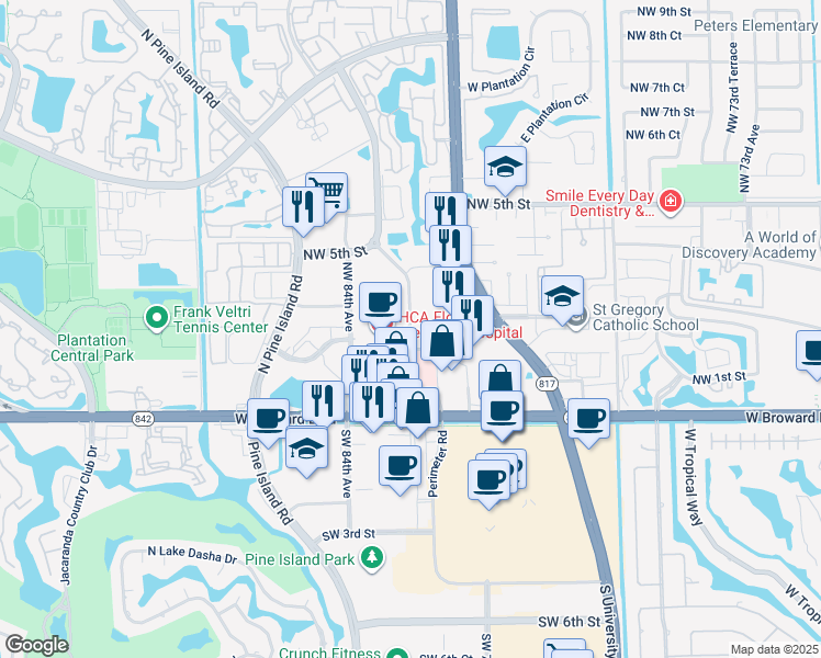 map of restaurants, bars, coffee shops, grocery stores, and more near 8251 West Broward Boulevard in Plantation