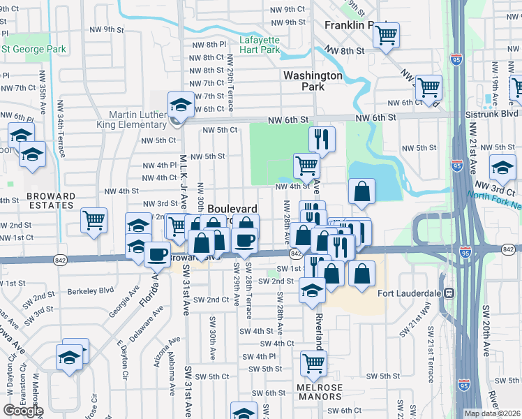map of restaurants, bars, coffee shops, grocery stores, and more near 241 Northwest 28th Terrace in Fort Lauderdale