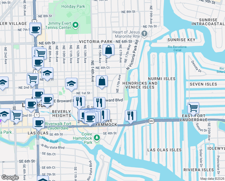 map of restaurants, bars, coffee shops, grocery stores, and more near 113 Northeast 16th Terrace in Fort Lauderdale