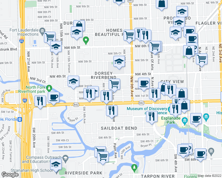 map of restaurants, bars, coffee shops, grocery stores, and more near 1125 Northwest 2nd Street in Fort Lauderdale