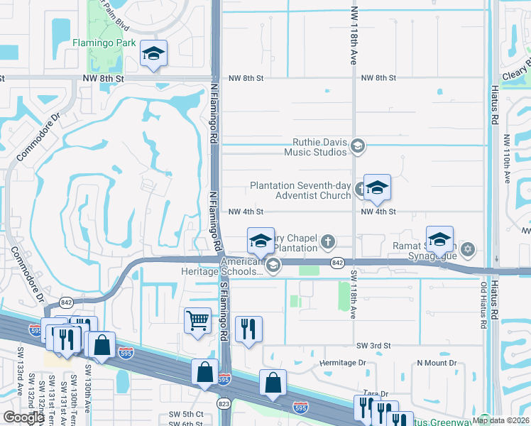 map of restaurants, bars, coffee shops, grocery stores, and more near 12200 Northwest 4th Street in Plantation