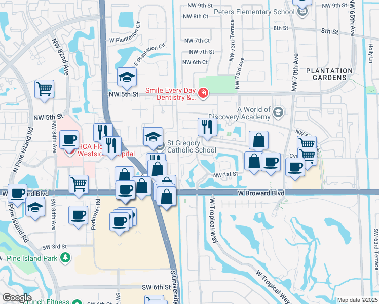 map of restaurants, bars, coffee shops, grocery stores, and more near 175 Northwest 75th Way in Plantation