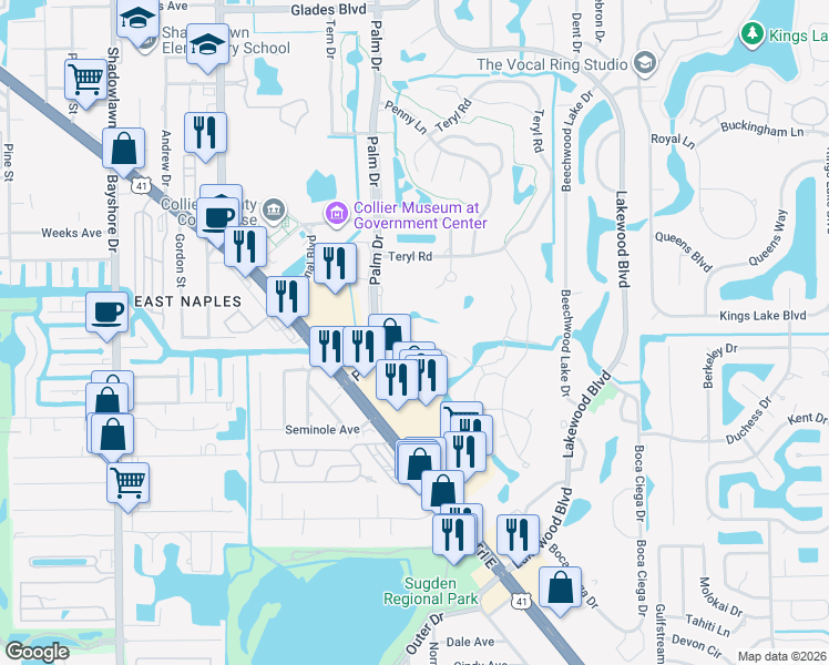 map of restaurants, bars, coffee shops, grocery stores, and more near 101 Palm Drive in Naples