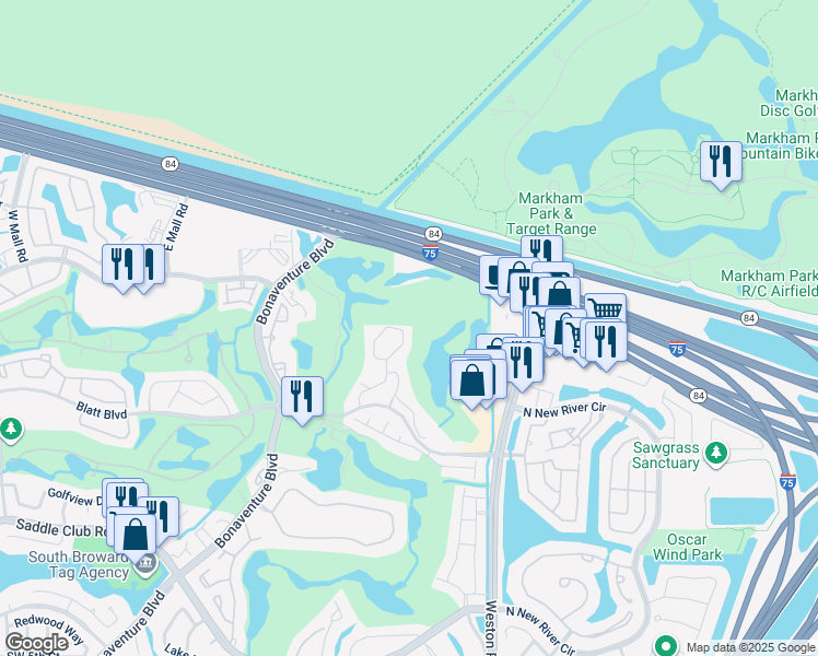 map of restaurants, bars, coffee shops, grocery stores, and more near 16141 Blatt Boulevard in Weston
