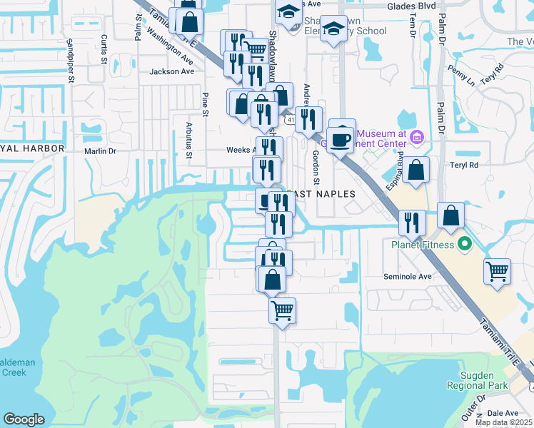 map of restaurants, bars, coffee shops, grocery stores, and more near 2869 Shoreview Drive in Naples