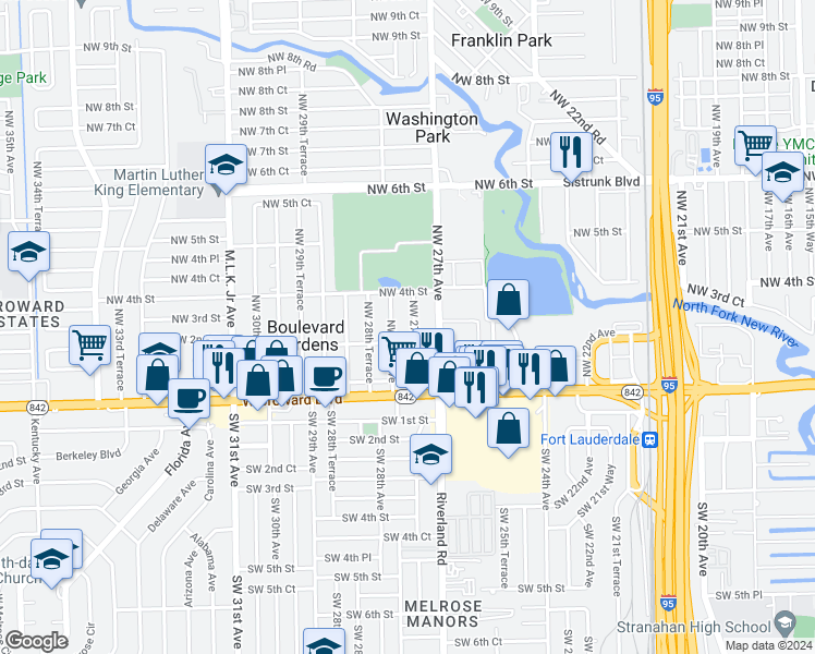 map of restaurants, bars, coffee shops, grocery stores, and more near 205 Northwest 27th Terrace in Fort Lauderdale