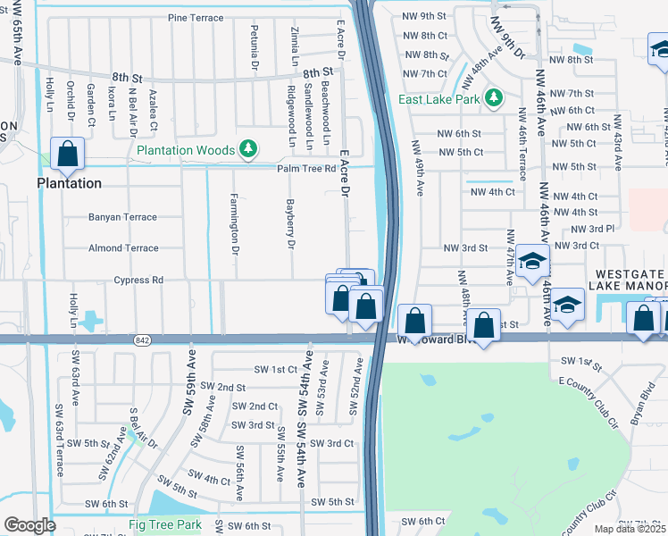 map of restaurants, bars, coffee shops, grocery stores, and more near 209 East Acre Drive in Plantation