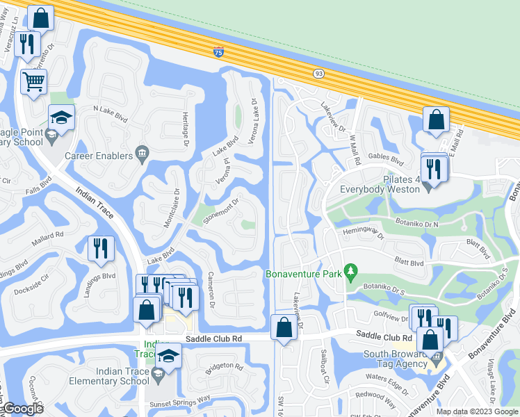 map of restaurants, bars, coffee shops, grocery stores, and more near 518 Stonemont Drive in Weston