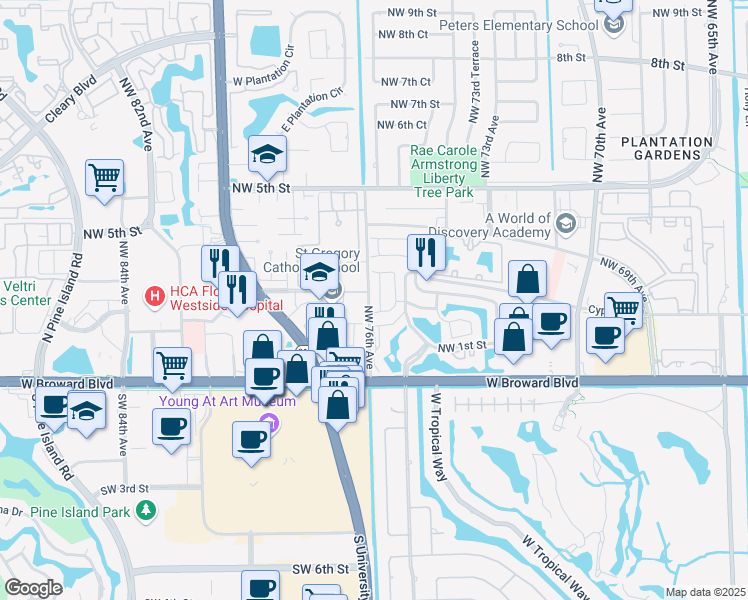 map of restaurants, bars, coffee shops, grocery stores, and more near 175 Northwest 75th Way in Plantation