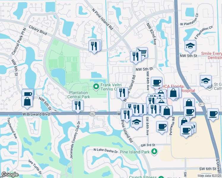 map of restaurants, bars, coffee shops, grocery stores, and more near 344 Northwest 87th Road in Plantation