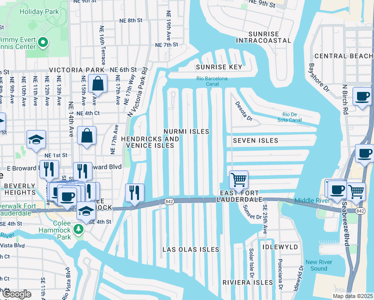 map of restaurants, bars, coffee shops, grocery stores, and more near 83 Northeast 20th Avenue in Fort Lauderdale