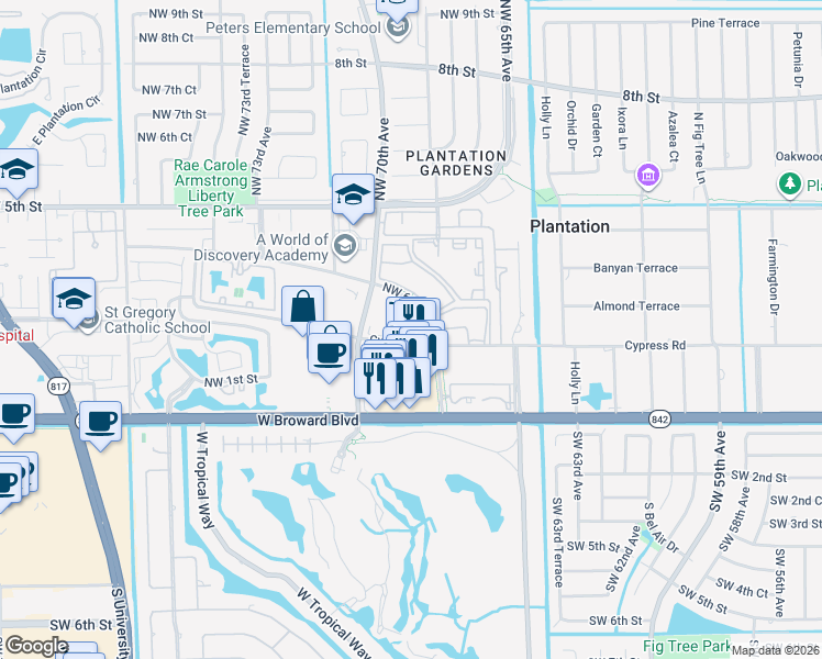 map of restaurants, bars, coffee shops, grocery stores, and more near 6919 Cypress Road in Plantation