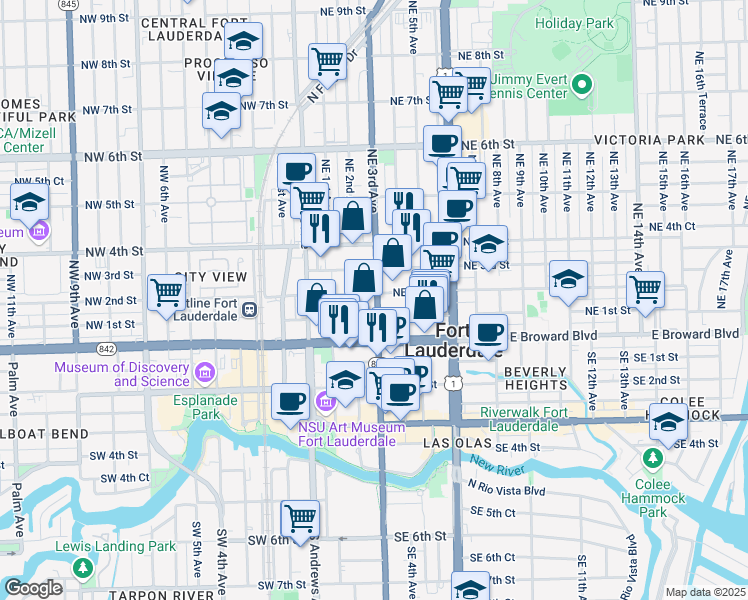 map of restaurants, bars, coffee shops, grocery stores, and more near 115 Northeast 3rd Avenue in Fort Lauderdale