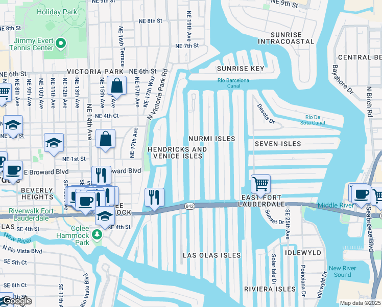 map of restaurants, bars, coffee shops, grocery stores, and more near 93 Isle of Venice Drive in Fort Lauderdale
