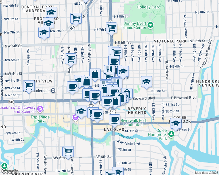map of restaurants, bars, coffee shops, grocery stores, and more near 171 North Federal Highway in Fort Lauderdale