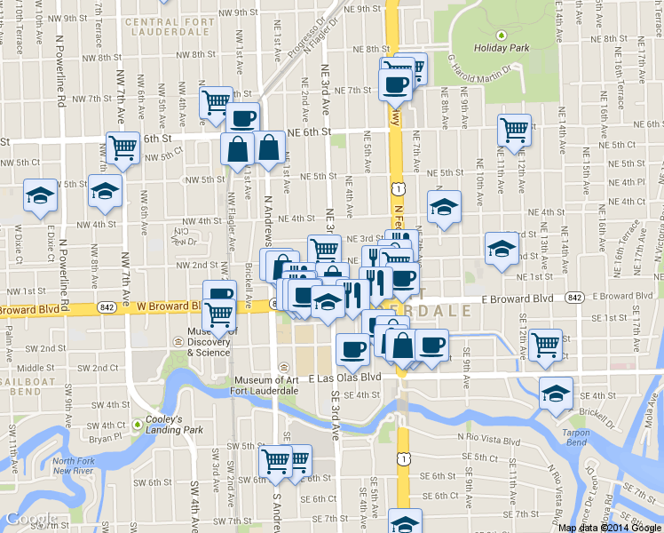 map of restaurants, bars, coffee shops, grocery stores, and more near 100-198 Northeast 3rd Avenue in Fort Lauderdale