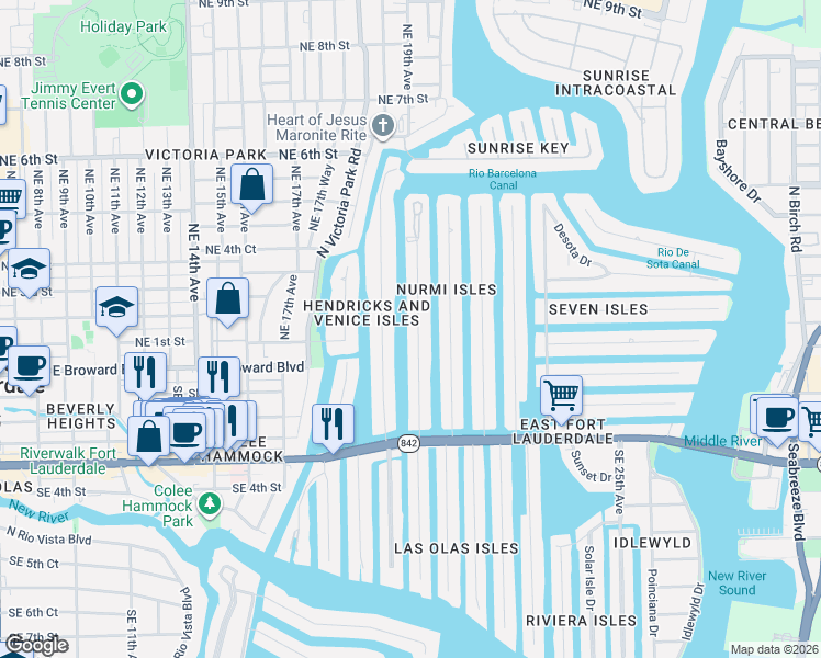 map of restaurants, bars, coffee shops, grocery stores, and more near 93 Isle of Venice Drive in Fort Lauderdale