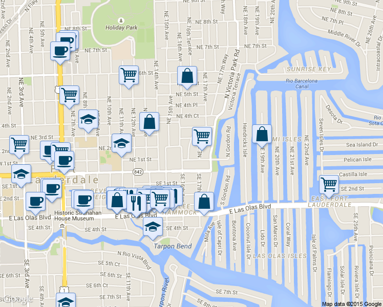 map of restaurants, bars, coffee shops, grocery stores, and more near 113 Northeast 16th Terrace in Fort Lauderdale