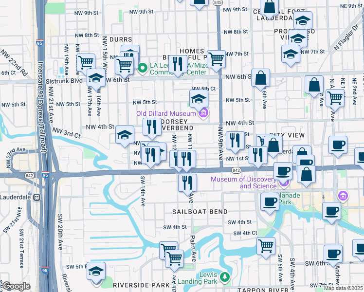map of restaurants, bars, coffee shops, grocery stores, and more near 1125 Northwest 2nd Street in Fort Lauderdale