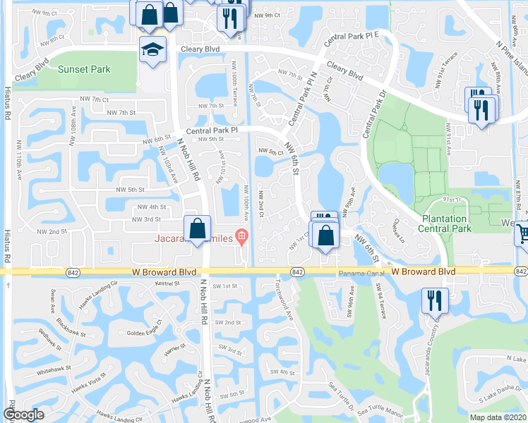 map of restaurants, bars, coffee shops, grocery stores, and more near 9877 Northwest 2nd Court in Plantation