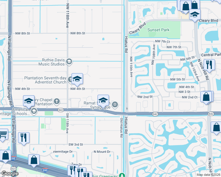 map of restaurants, bars, coffee shops, grocery stores, and more near 11301 Northwest 4th Street in Plantation