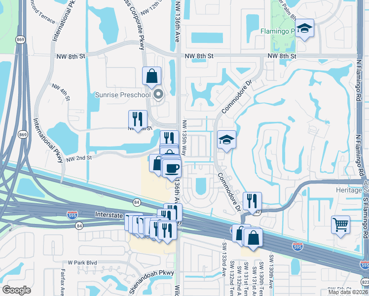 map of restaurants, bars, coffee shops, grocery stores, and more near 360 Northwest 135th Way in Plantation
