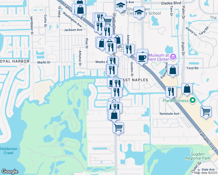 map of restaurants, bars, coffee shops, grocery stores, and more near 2869 Shoreview Drive in Naples