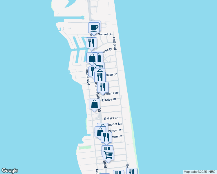 map of restaurants, bars, coffee shops, grocery stores, and more near 121A East Verna Jean Drive in South Padre Island
