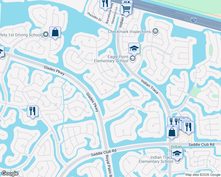 map of restaurants, bars, coffee shops, grocery stores, and more near 531 Cascade Falls Drive in Weston