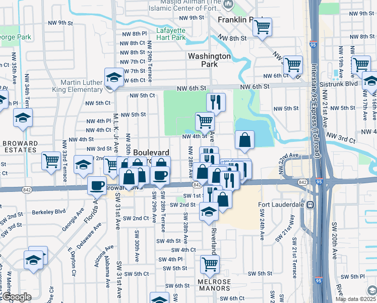 map of restaurants, bars, coffee shops, grocery stores, and more near 205 Northwest 27th Terrace in Fort Lauderdale