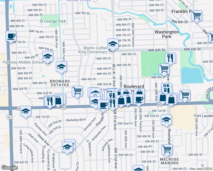 map of restaurants, bars, coffee shops, grocery stores, and more near 3130 Northwest 3rd Street in Fort Lauderdale