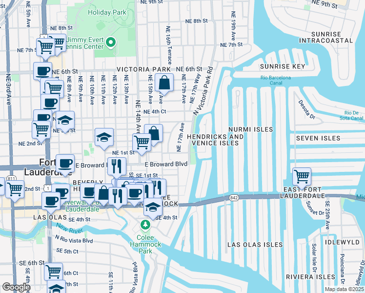 map of restaurants, bars, coffee shops, grocery stores, and more near 112 Northeast 17th Avenue in Fort Lauderdale
