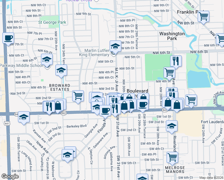 map of restaurants, bars, coffee shops, grocery stores, and more near 3130 Northwest 3rd Street in Fort Lauderdale