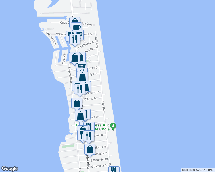 map of restaurants, bars, coffee shops, grocery stores, and more near 5206 Gulf Boulevard in South Padre Island
