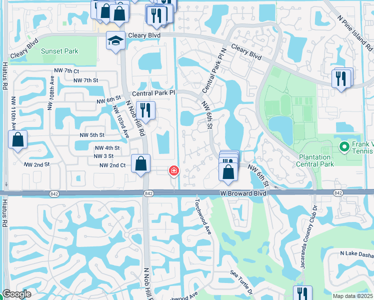 map of restaurants, bars, coffee shops, grocery stores, and more near 9877 Northwest 2nd Court in Plantation