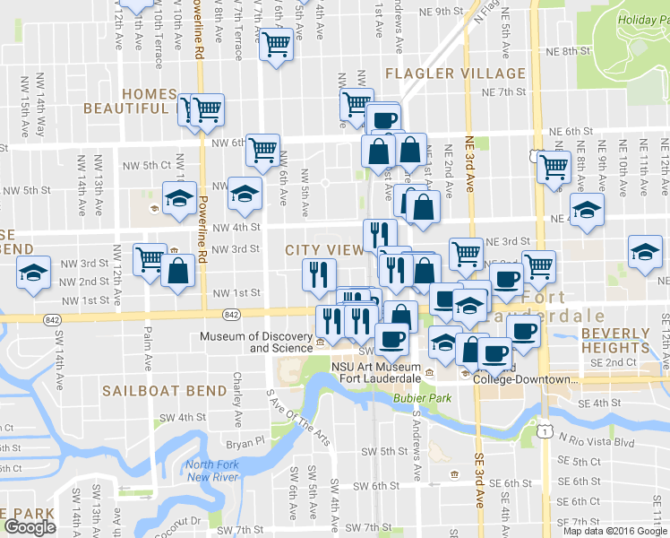 map of restaurants, bars, coffee shops, grocery stores, and more near 350 Northwest 2nd Street in Fort Lauderdale