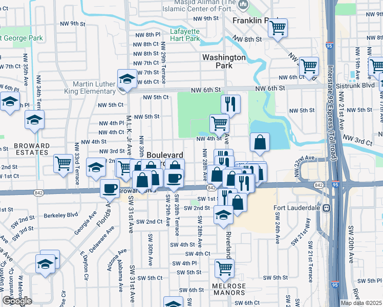 map of restaurants, bars, coffee shops, grocery stores, and more near 241 Northwest 28th Terrace in Fort Lauderdale