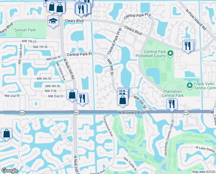 map of restaurants, bars, coffee shops, grocery stores, and more near 9804 Northwest 2nd Court in Plantation