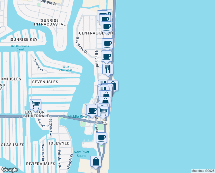 map of restaurants, bars, coffee shops, grocery stores, and more near 115 North Fort Lauderdale Beach Boulevard in Fort Lauderdale