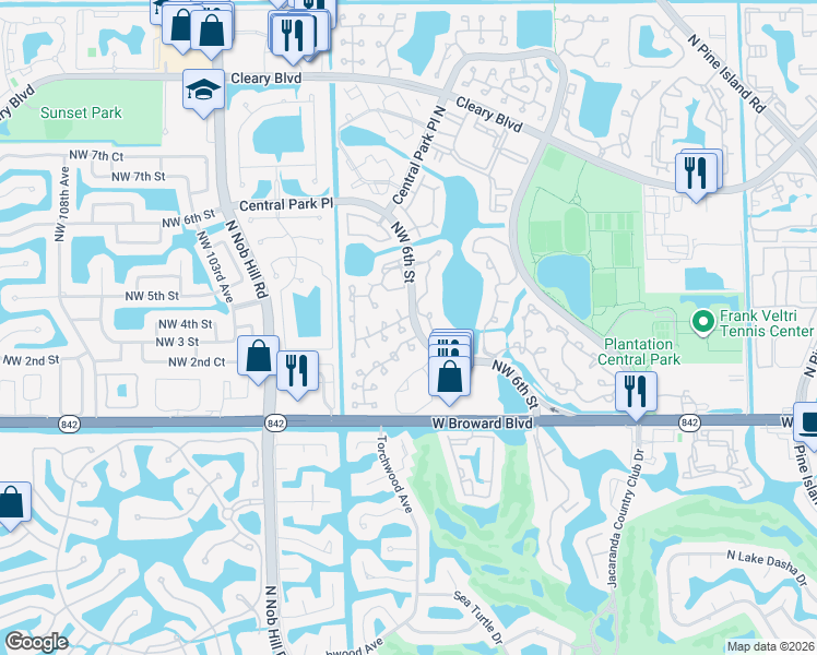 map of restaurants, bars, coffee shops, grocery stores, and more near 9804 Northwest 2nd Court in Plantation