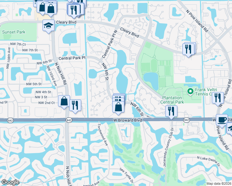 map of restaurants, bars, coffee shops, grocery stores, and more near 268 Northwest 97th Avenue in Plantation