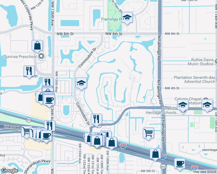 map of restaurants, bars, coffee shops, grocery stores, and more near 13061 Northwest 3rd Street in Plantation
