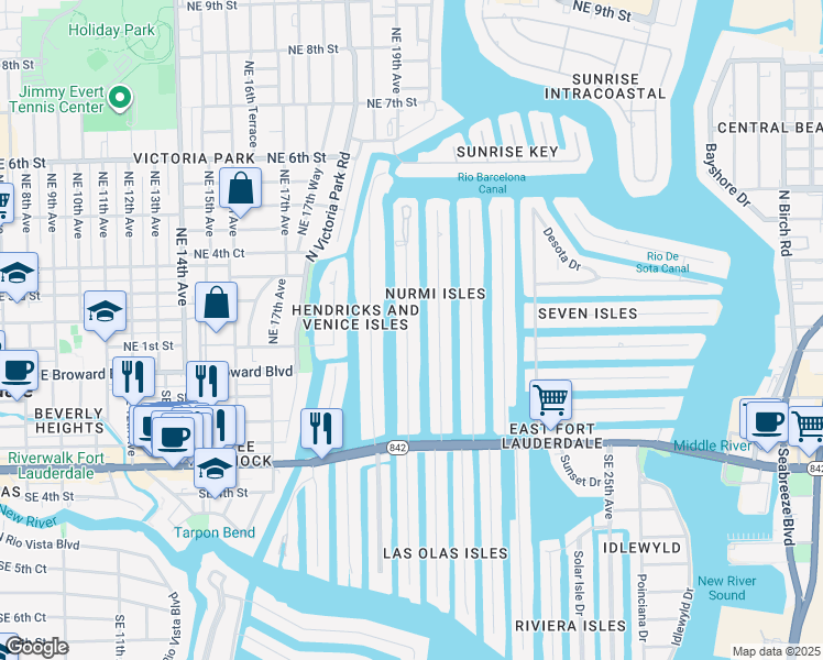 map of restaurants, bars, coffee shops, grocery stores, and more near 93 Isle of Venice Drive in Fort Lauderdale