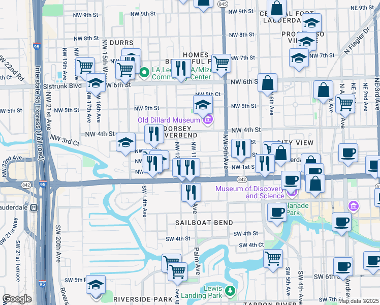 map of restaurants, bars, coffee shops, grocery stores, and more near 1125 Northwest 2nd Street in Fort Lauderdale