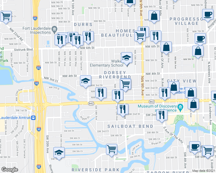 map of restaurants, bars, coffee shops, grocery stores, and more near 1220 Northwest 3rd Street in Fort Lauderdale