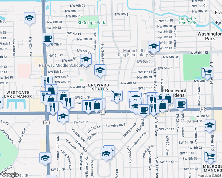 map of restaurants, bars, coffee shops, grocery stores, and more near 3461 Northwest 2nd Street in Fort Lauderdale