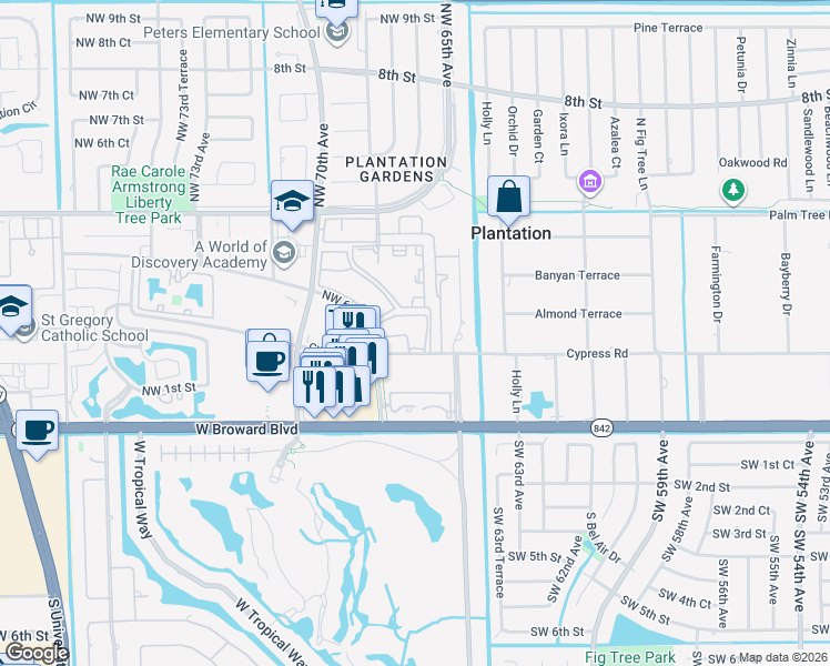 map of restaurants, bars, coffee shops, grocery stores, and more near 6701 Northwest 66th Avenue in Plantation