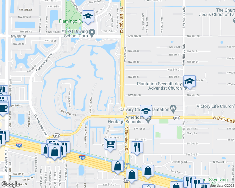 map of restaurants, bars, coffee shops, grocery stores, and more near 305 Vista Isles Drive in Plantation