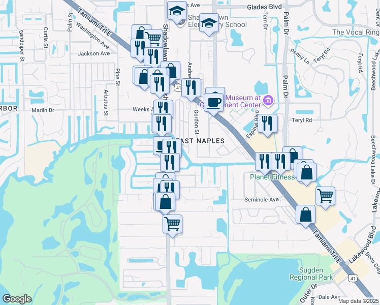 map of restaurants, bars, coffee shops, grocery stores, and more near 3177 Gordon Street in Naples