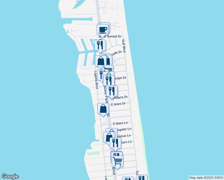 map of restaurants, bars, coffee shops, grocery stores, and more near 5200 Padre Boulevard in South Padre Island